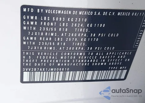 2018 Volkswagen Tiguan 2.0T Se/2.0T Sel from USA, damaged, VIN 3VV2B7AX1JM006610